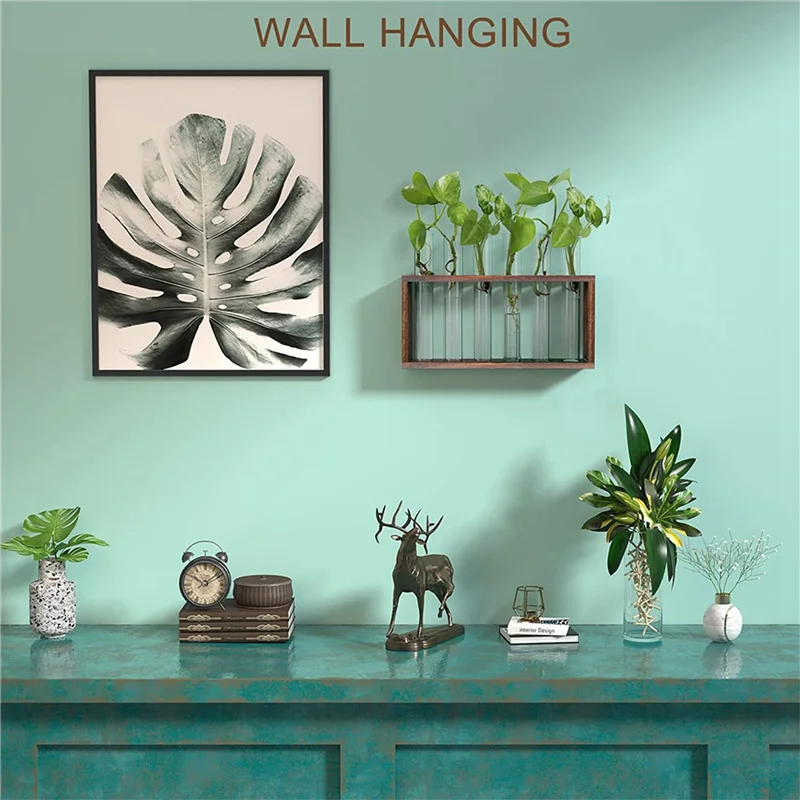 AT29-2X Plant Terrarium With Wooden Stand, Desktop/Wall Hanging Live Plant Propagation Station Planters Glass Tubes