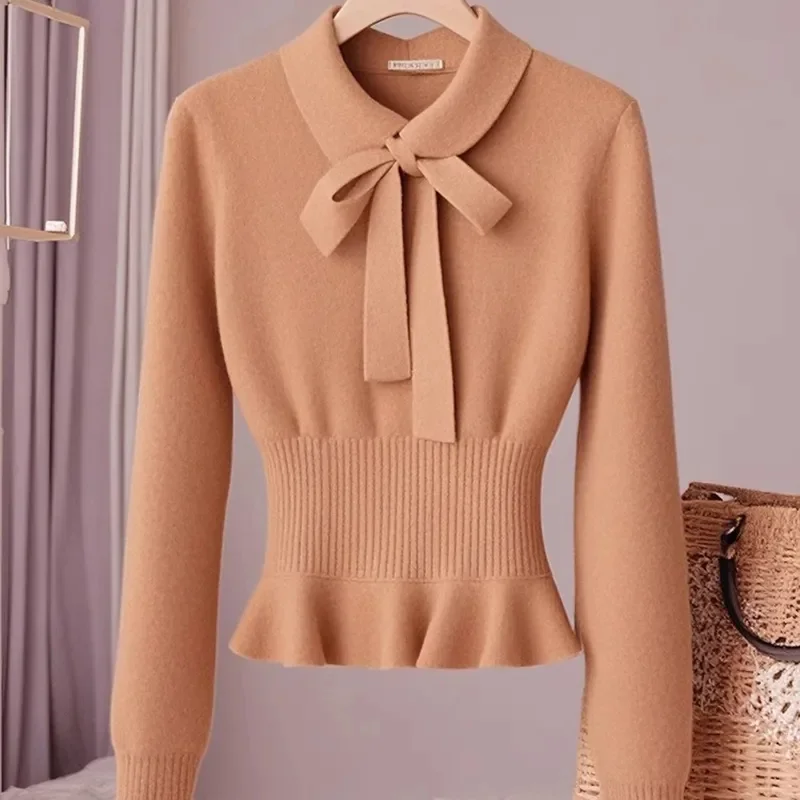 

Women's Sweater Sweet Waist Cinching Bow Knitted Sweater 2026 Spring Autumn Korean Style Slim Short Pullover Shirt Top Knitwear