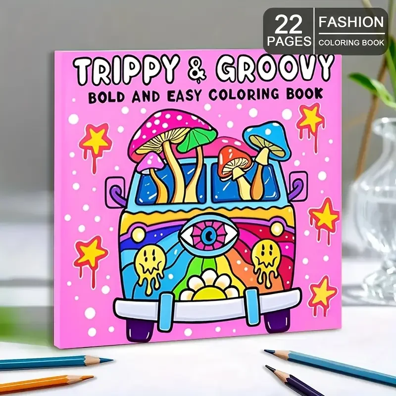 

Trippy & Groovy Bold & Easy Adult Coloring Book with Psychedelic Van, Mushrooms & Stars Design - Relax Art Relax Gift for Partiy