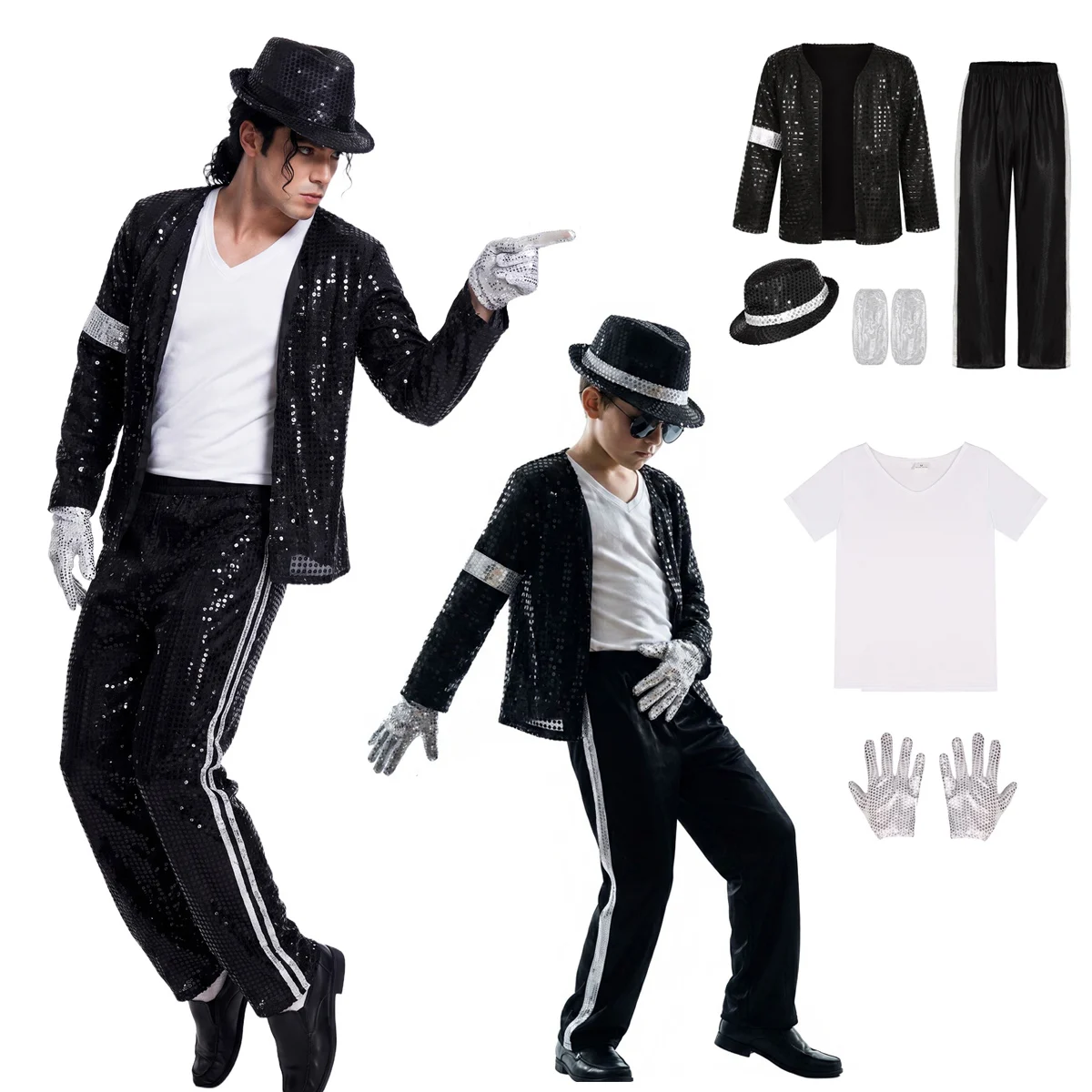 Fantasia de Lantejoulas Michael Jackson para Adultos e Crianças, Traje Masculino para Performance de Palco, Cosplay, Anos 70 e 80, Cantor de Rock, Roupa para Festa Disco