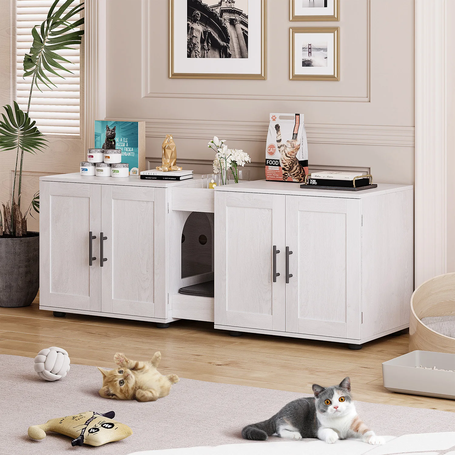Doppelte Katzentoilette aus Holz für 2 Katzen – Versteckter Katzentoilettenschrank mit zwei Fächern, geschlossenes Katzentoilettenmöbel, 55 Zoll L x 17,7 Zoll B x 22,5 Zoll H, für Hauskatzen