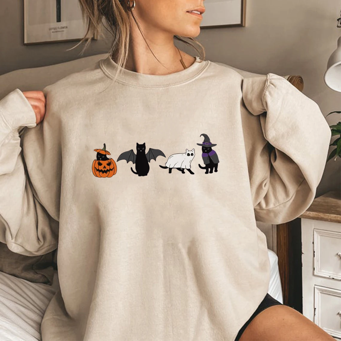 Halloween Sweatshirt Cat Top Ghost Hoodie Halloween Cat Sweatshirts Women Long Sleeve Pullovers Spooky Season Hoodies