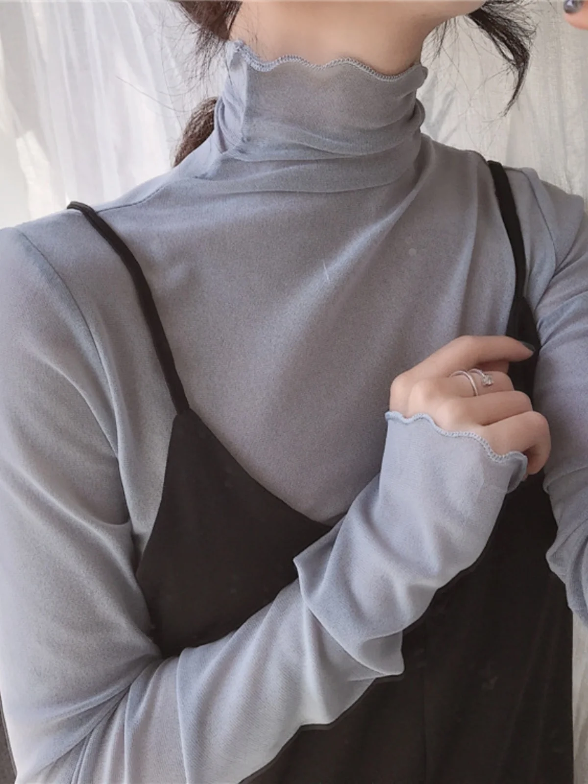 

Slimming High Collar Me Elastic Base irt Women's Sle Korean Version Chic T-irt Breathable Comfortable Long Sve Top