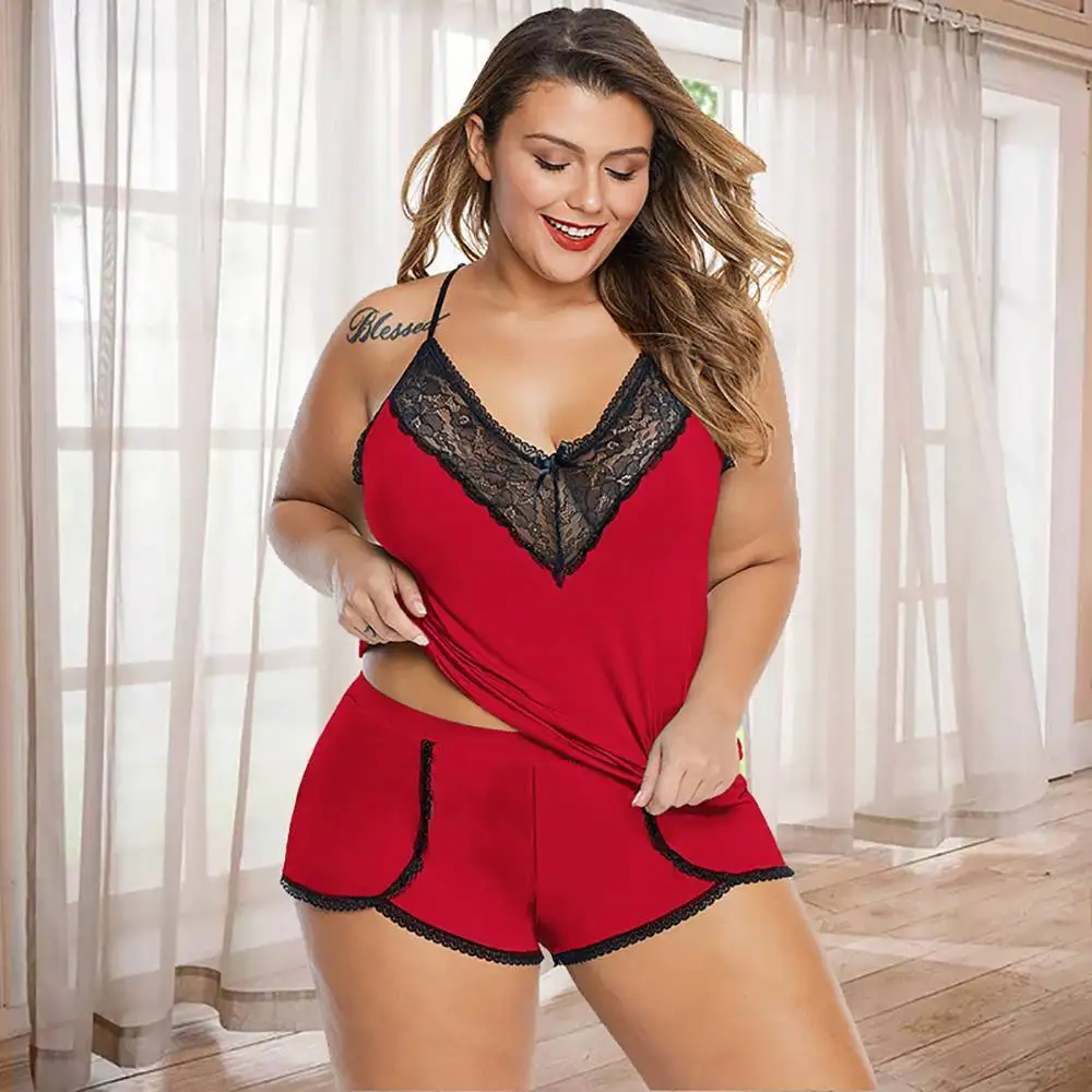 Plus Size Lace Camisole Tops+Short Pants 2023 Oversized Women\'s Solid Sex Lingerie Set For Female Casual Underwear Sleepwear