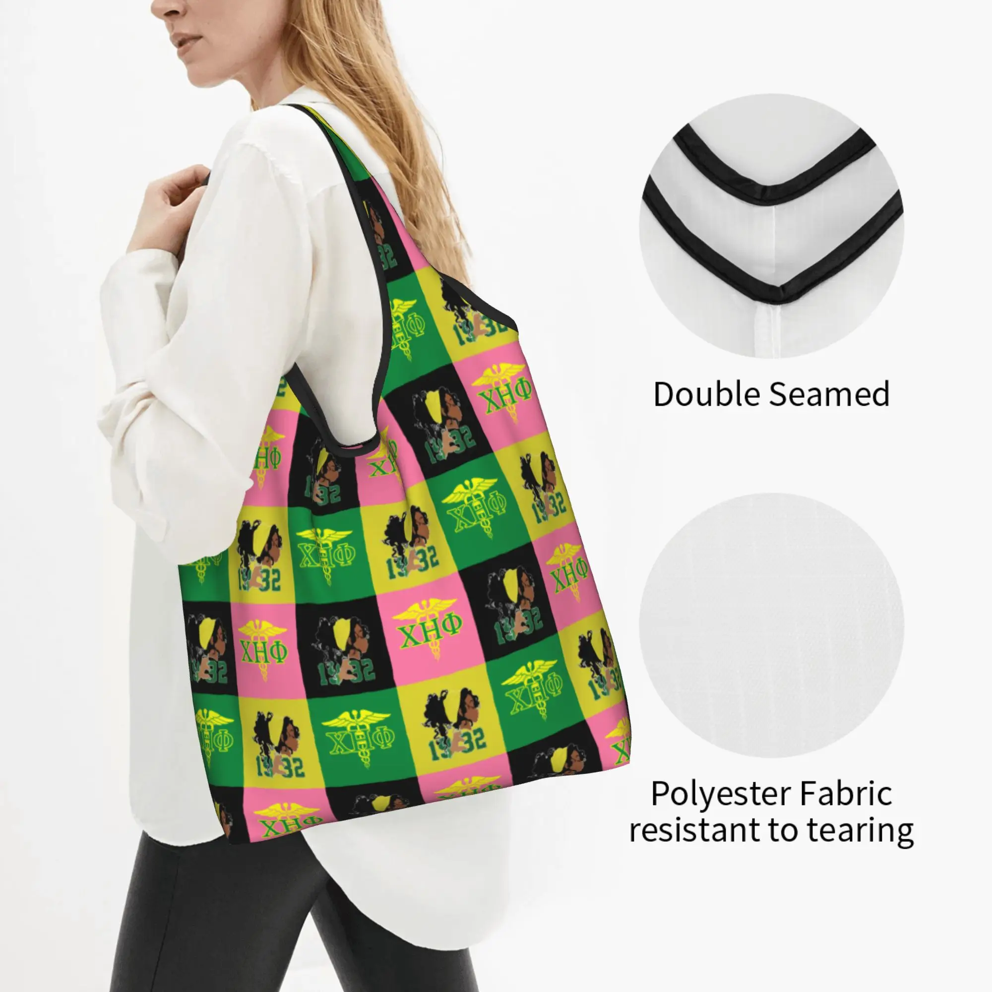 Custom Sorority Nurse 1932 CHI ETA PHI  Shopping Bags Women Portable Big Capacity Groceries Checkered Plaid  Tote Shopper Bags