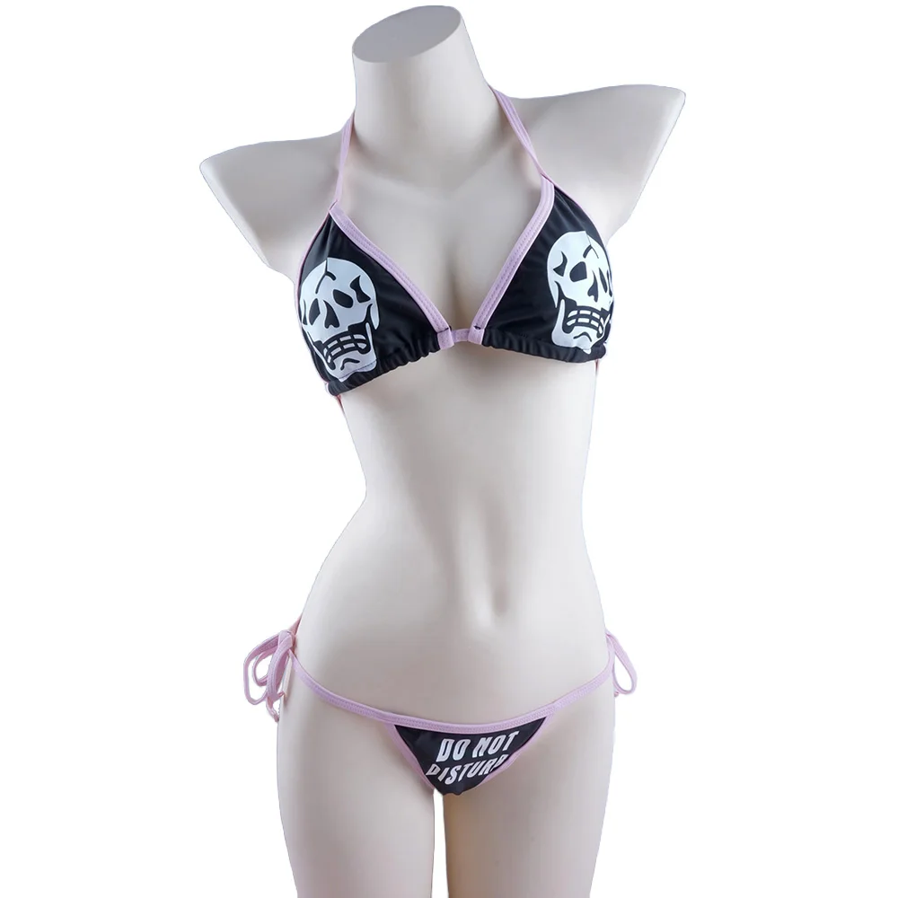 Sexy Goth Bikini 2024 Women Letters Skull Print Swimsuit Split Bathing Suit Low Waist Gothic Bikinis Sets Pink Beach Swimwear