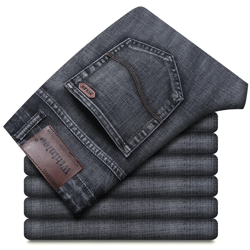 

2024 Brand Classic Grey Black Work Denim Trousers Business Men's Jeans Casual Straight Stretch Fashion Male Brand Clothing