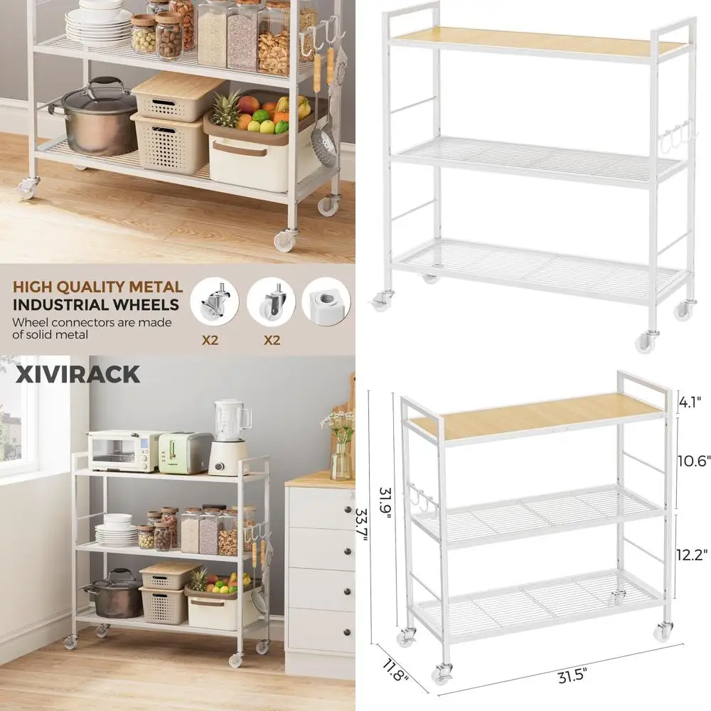 

Промышленный 3-ярусный металлический стеллаж на колесах с сетчатыми полками и деревянной верхней полкой для кухни, прачечной, кладовой, растений - ширина 31,5 дюйма