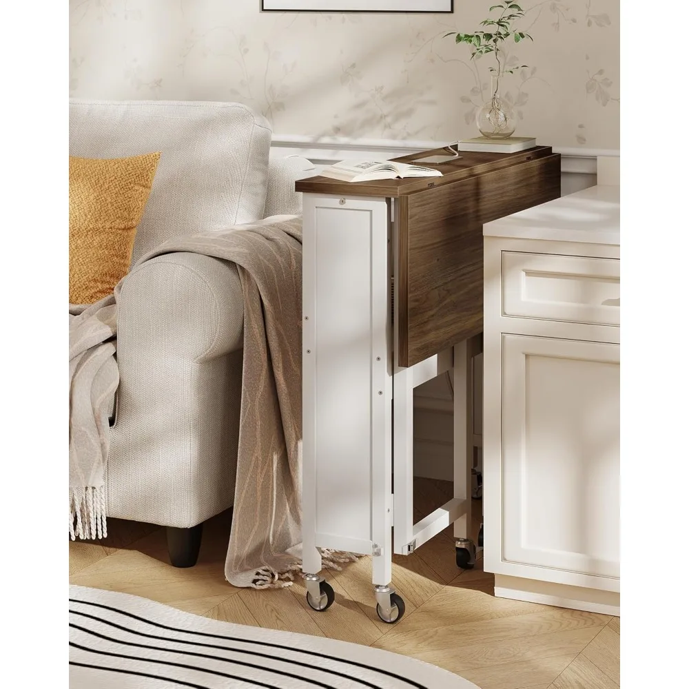 Mesa dobrável de 31,5 polegadas com tomadas elétricas, rodas e armazenamento para espaços pequenos em marrom rústico e branco