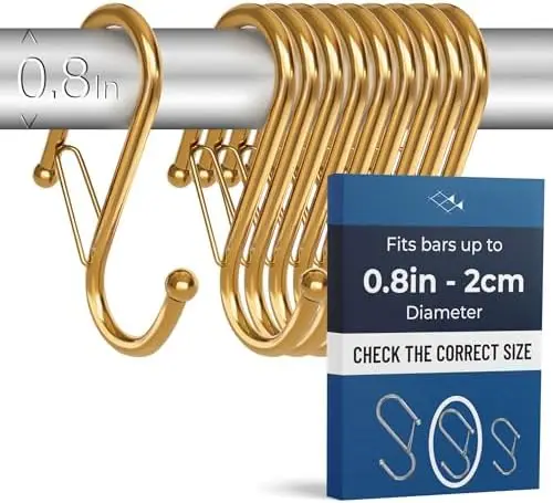 

Набор из 10 золотых металлических S-образных крючков – сверхпрочные с предохранительной застежкой – подходят для штанг диаметром до 0,8 дюйма – крючки с защитой от падения для кухни, ванной комнаты