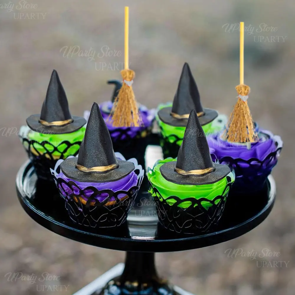 12 Stück Halloween Hexenhut Cupcake Topper Harz Hexenhüte Besen Kuchen Topper für Zauberer Geburtstag Happy Halloween Kuchen Dekor Favo – Detail 7