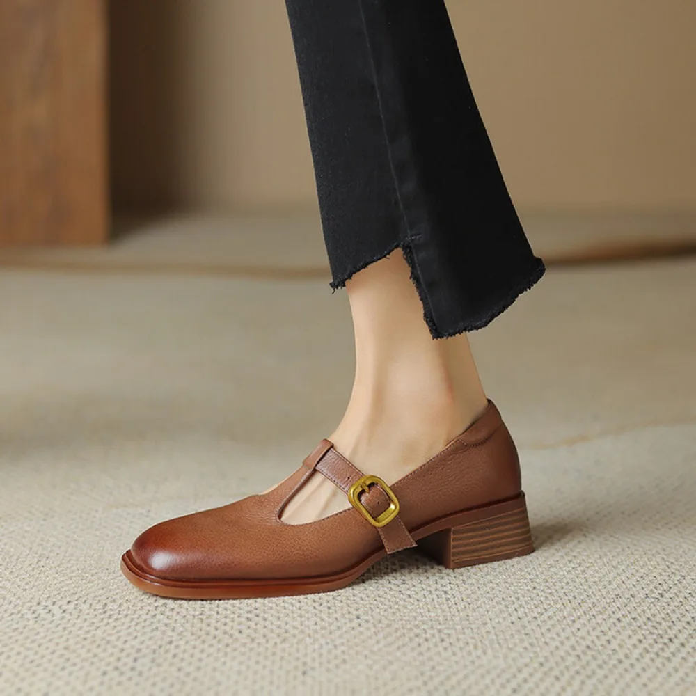 2024 New Genuine Leather Brown Shoes Vintage Low Heel Mary Jane Shoes Women Square Toe Chunky Heels Pumps Mujer Big Size 34-41