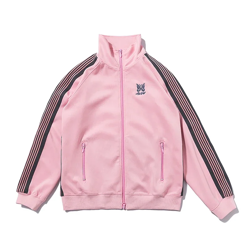 Pink Lapel Collar Coat Black Butterfly Embroidery Letter Logo Men Women Webbing Track Stripe Oversize Long Sleeve Jacket