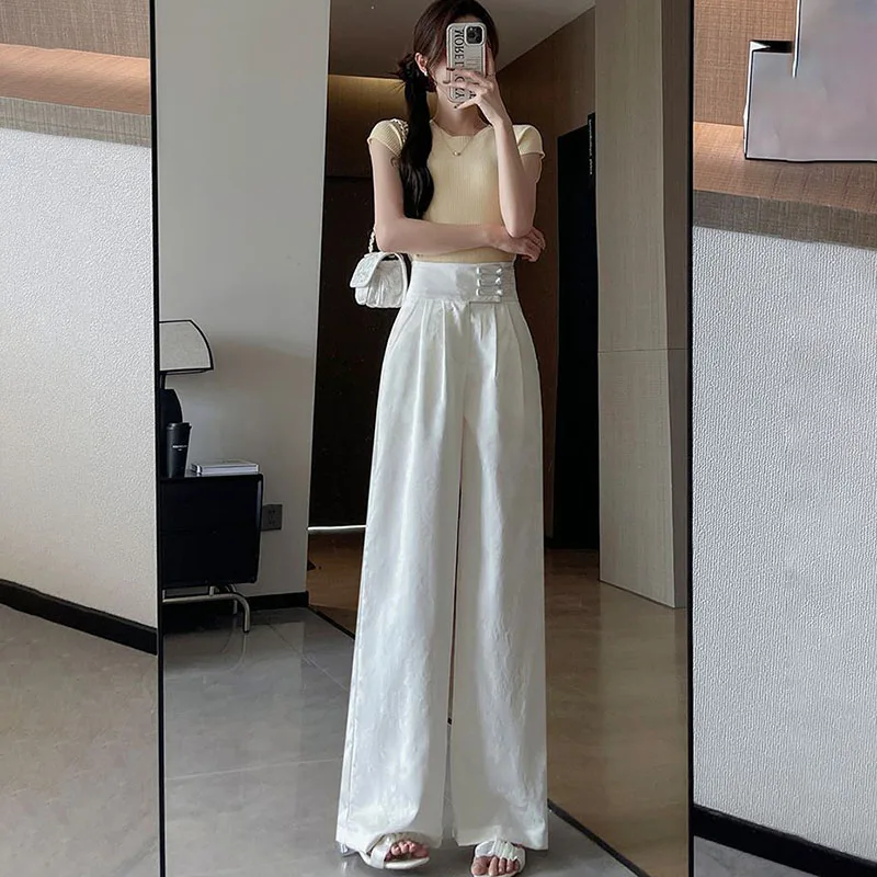 New Chinese Buckle Blazer Pants Women's Summer High-End Satin Wide Leg Pants High Waist Narrow-Length Straight Casual Pants