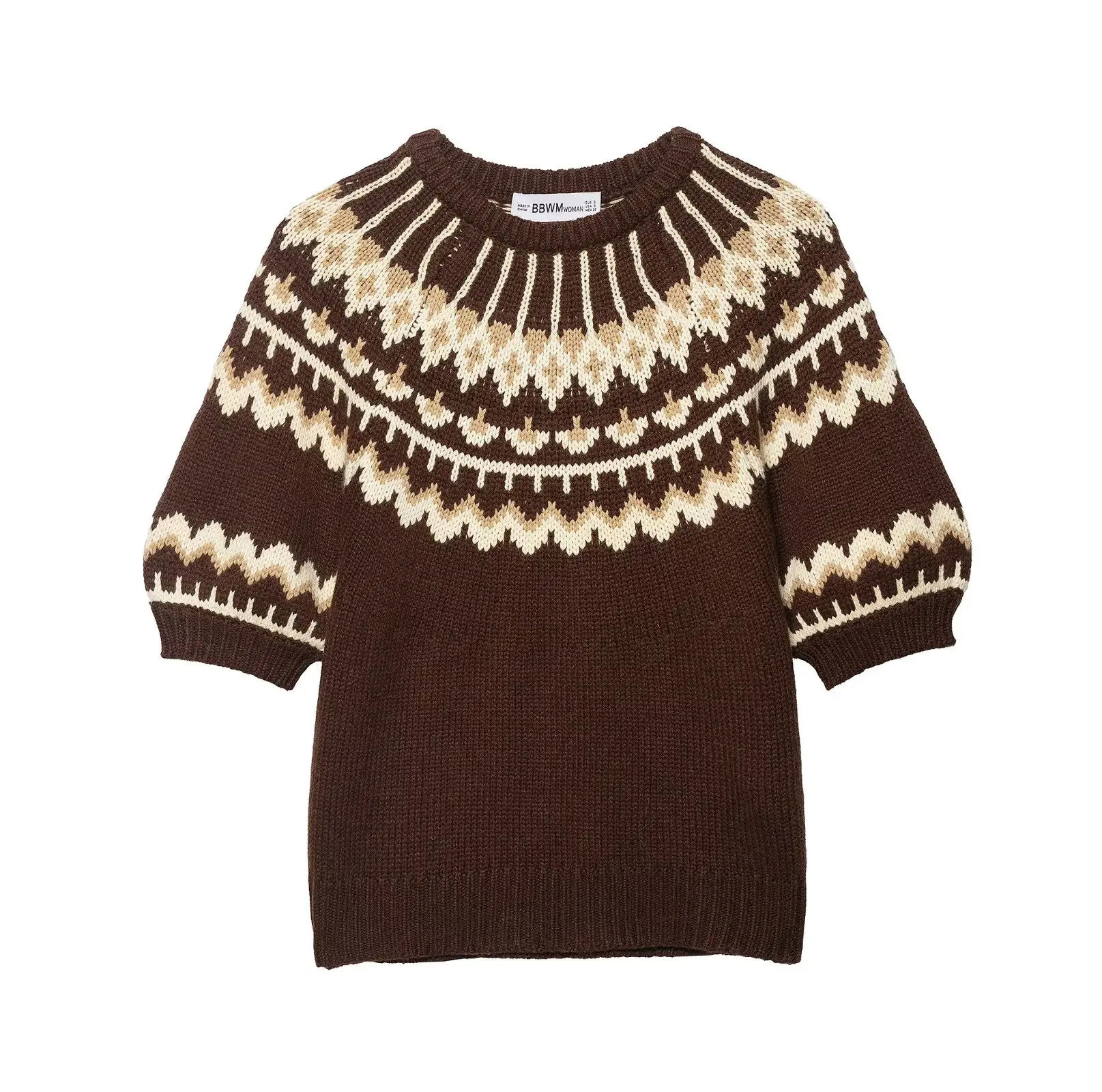 

Новый осенне-зимний женский жаккардовый вязаный топ с короткими рукавами в стиле ретро, стильный толстый и теплый пуловер из полиэстера, свитер