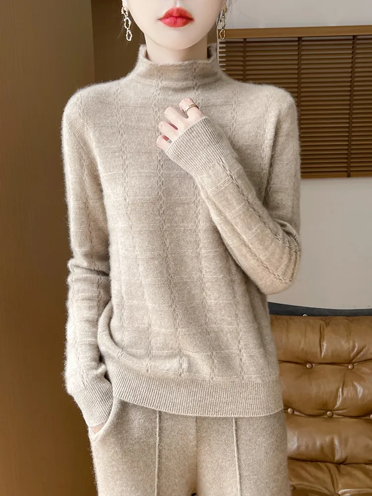 

100% Merino Wool Women Sweater Mock Collar Knitwear Casual Pullover Long Sleeve Cashmere Clothing Tops Female Gingham Jumper