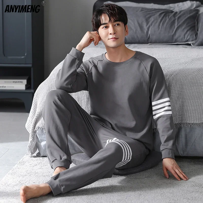 5xl 6xl Plus Size Big Pajamas Set Fat Man Long Sleeved Pullover Sporty Home Suits Knitted Cotton Sleepwear Father\'s Pyjama Homme