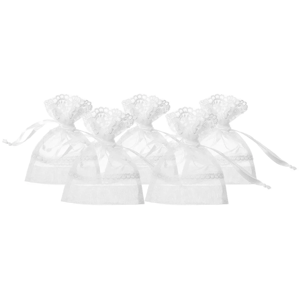 

5 Pcs Jewelry Storage White Flower Lace Organza Drawstring Pouches Foldable Base Breathable Material Candy Sachet Wallet Wedding
