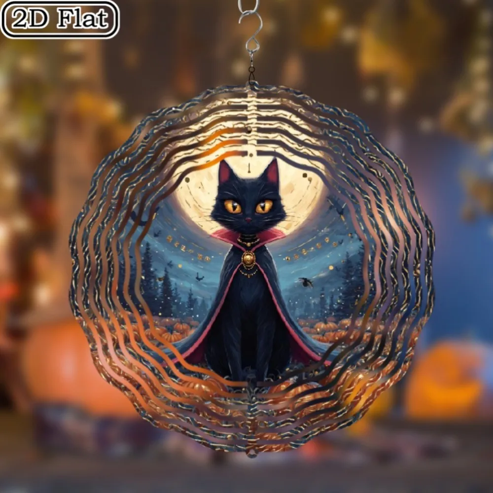 CIFBUY Metal Wind Chime 360 Degree Rotating 2D Flat Outdoor Indoor Decor Spinning Ornament Black Cat Bat Pumpkin Hanging Art