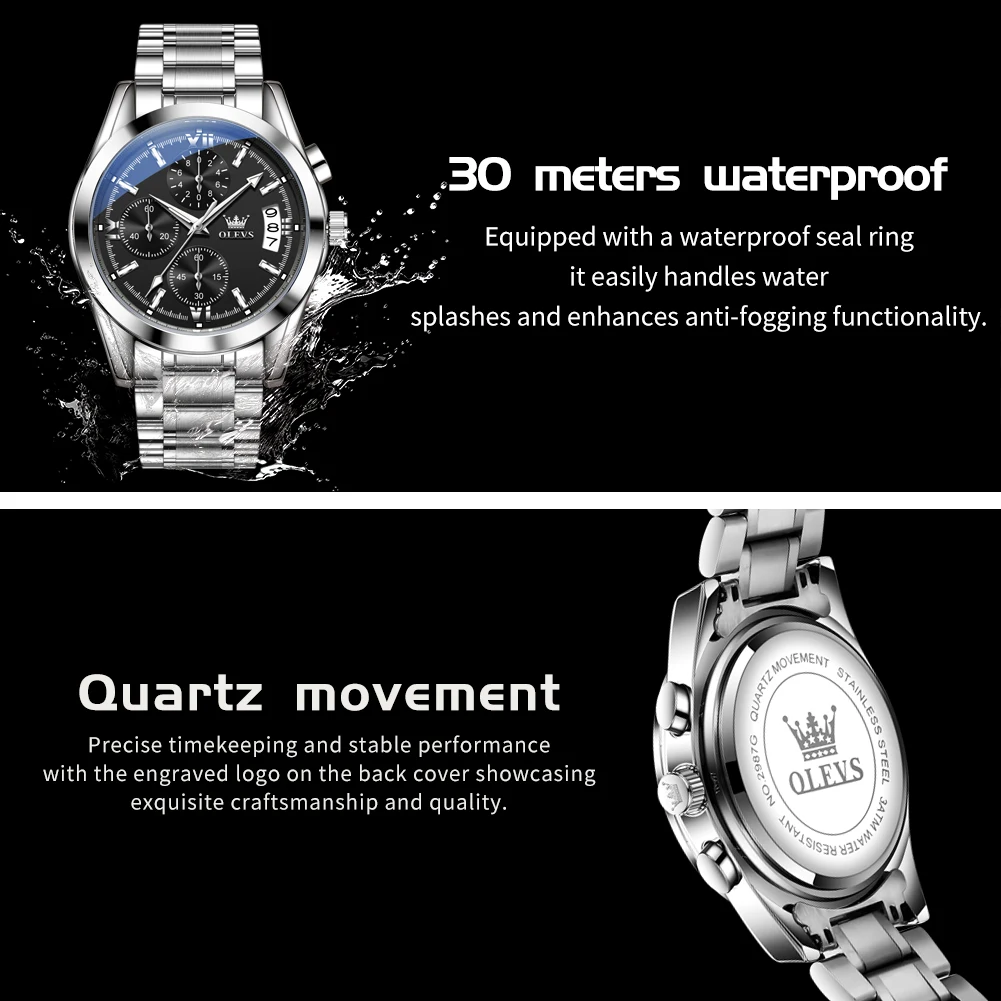 ساعة OLEVS 2987 أصلية للرجال ماركة فاخرة ساعة كوارتز مقاومة للماء بتقويم كرونوغراف وحزام فولاذي متين ساعة رجالية عالية الجودة