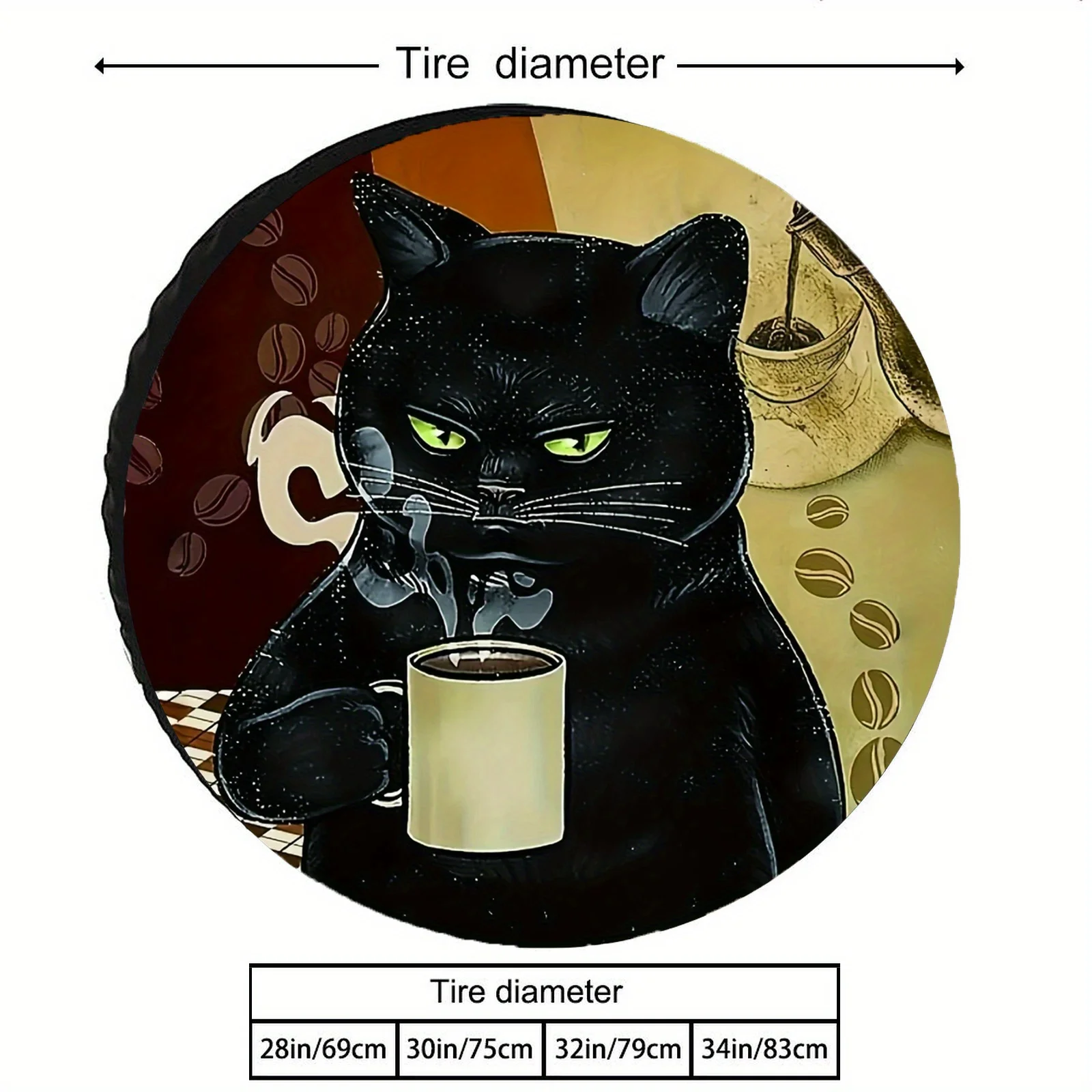 Black Cat with Coffee Spare Tire Cover Universal Weatherproof Protector for RV Trailers Campers Durable Polyester