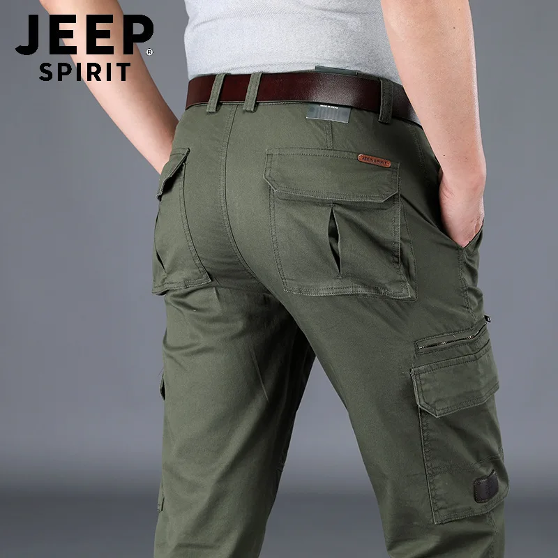 JEEP SPIRIT-Calças masculinas de bolso múltiplo, casual para negócios, moda ao ar livre, 100% algodão, cor sólida micro elástica