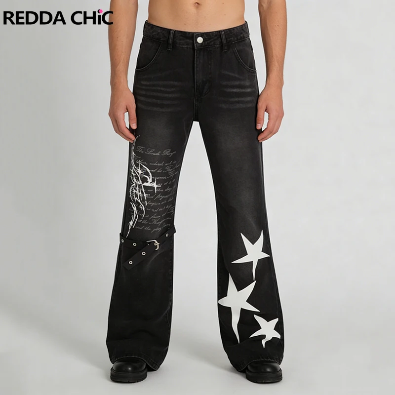 

Мужские джинсы REDDACHIC с эффектом потертости, расклешенные, модные, винтажные, с принтом в виде звезд и букв, с карманами, брюки-буткэт, уличная одежда в стиле хип-хоп
