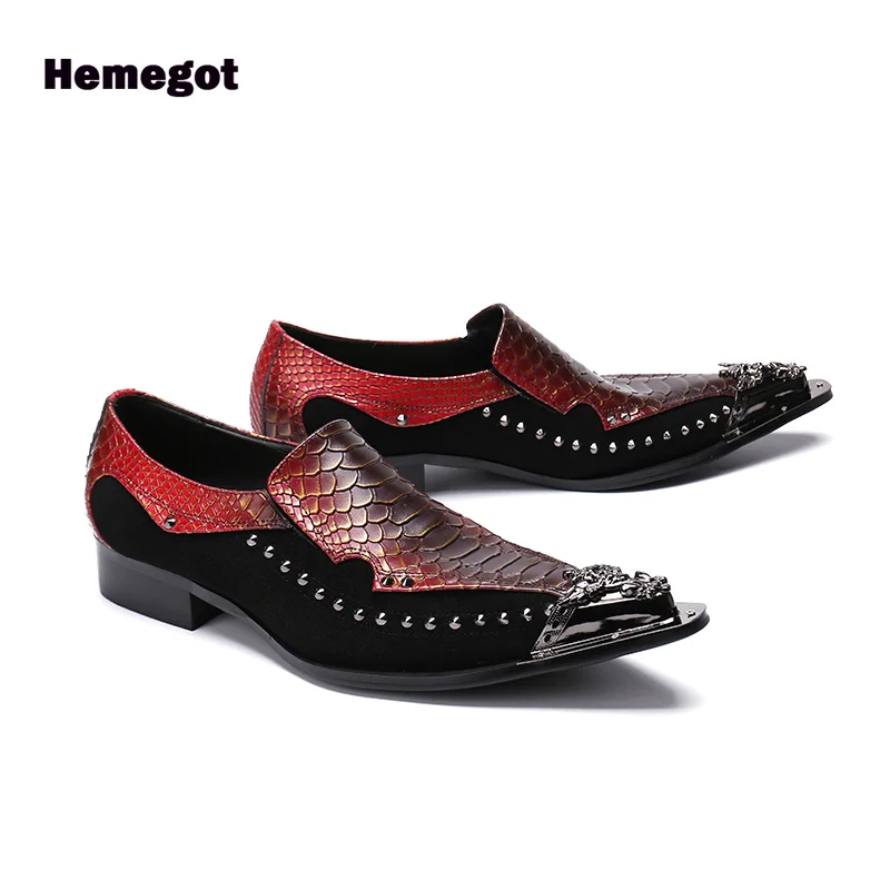 

Metal Iron Toe Shoes Men Pointed Toe Rivets Trim Cowhide Casual Men's Shoes Evening Party Leather Shoes Slip-on Loafers Men