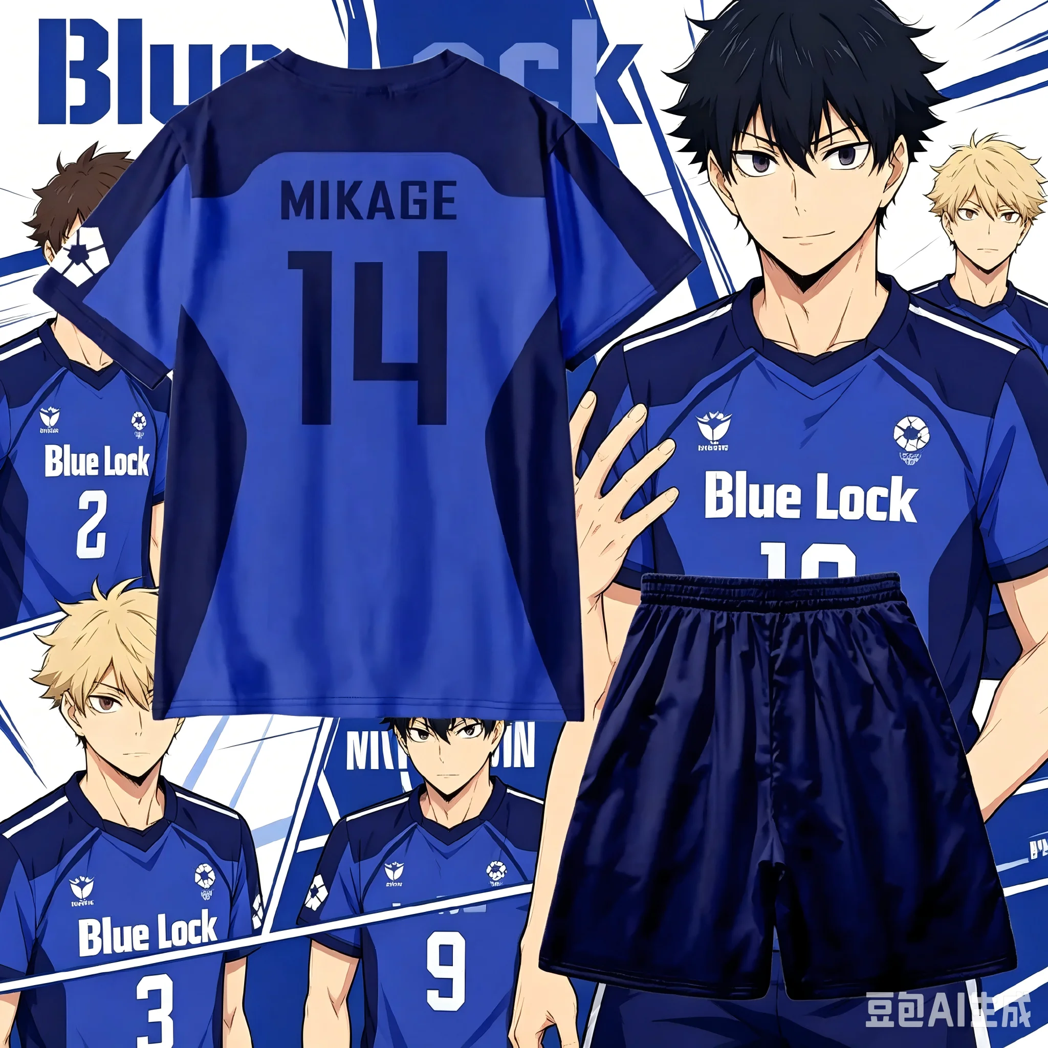 Summer New Blue Anime Soccer Jersey, No. 9 Shidou Rin Cosplay 3D Crew Neck T-Shirt and Shorts