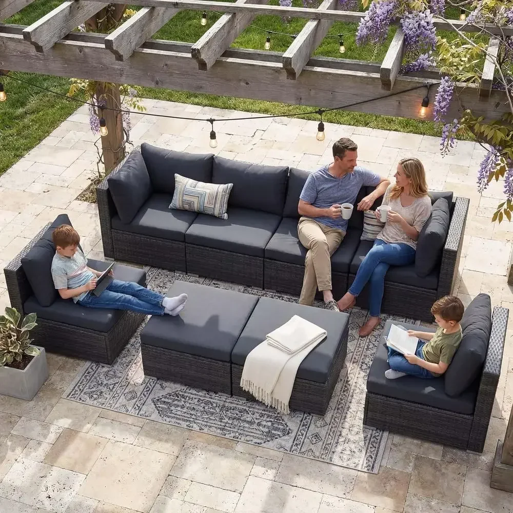 8-Person Luxury Outdoor Wicker Patio Sectional Sofa Set with Ottoman, High Back L-Shaped, All-Weather, Deep Seated, Grey