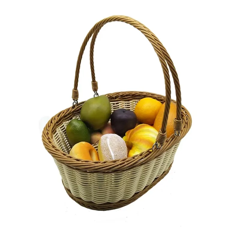 Plastic rattan wicker hand-woven container fruit home decoration portable storage basket
