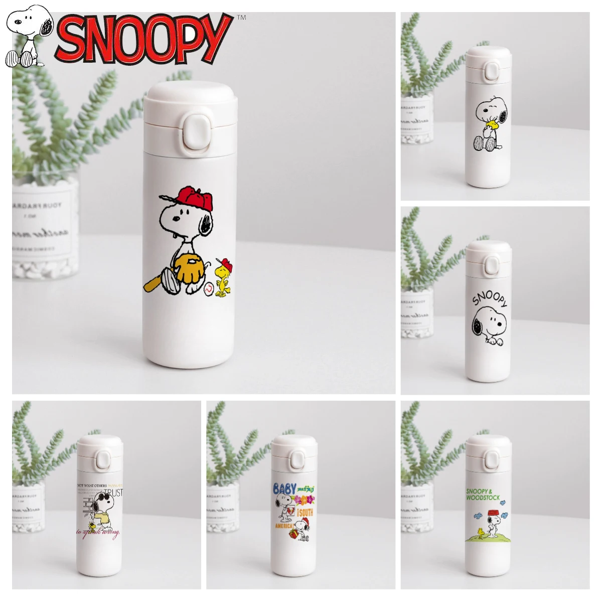 Copo Térmico Snoopy Desenho Animado para Homens e Mulheres, Copo de Água com Botão, Copo de Aço Inoxidável 304, Novo Presente de Aniversário Infantil