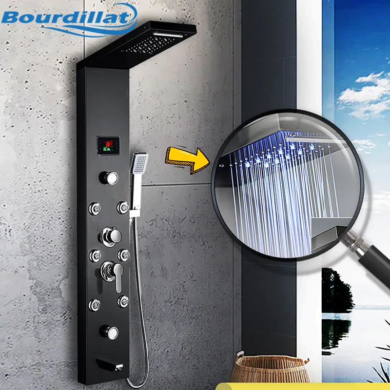 

LED Rainfall Waterfall Shower Head Rain Massage System with Body Jets Stainless Steel 304 Bathroom Shower Panel Tower System