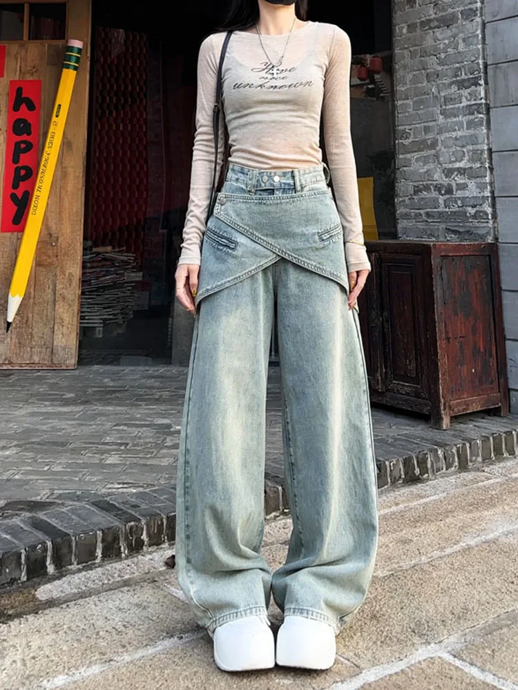 

Women's Patchwork Y2k Jeans Baggy Harajuku Denim Trousers Wide Leg Jean Pants Vintage Streetwear Aesthetic 2000s Trashy Clothes