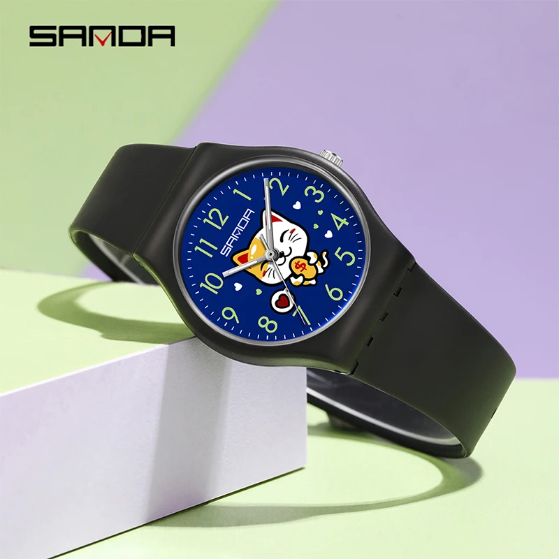 SANDA-Montre à quartz pour étudiants, montre-bracelet créative, dessin animé mignon, chat de richesse, bracelet en silicone pour garçons et filles, cadeau d'horloge, 6139