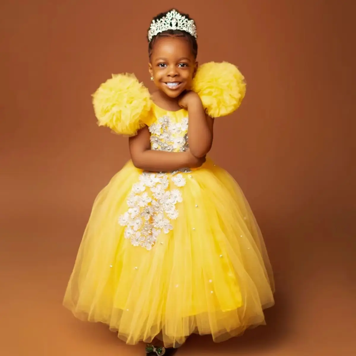 

Yellow Flower Girl Dresses Customized Princess Little Kids Ball Gown Tull Girls First Birthday Party Dress