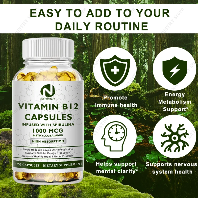1000mcg Vitamin B12 Capsules With Organic Spirulina - Immune Nervous System - Support Mental Clarity - Energy Metabolism Support