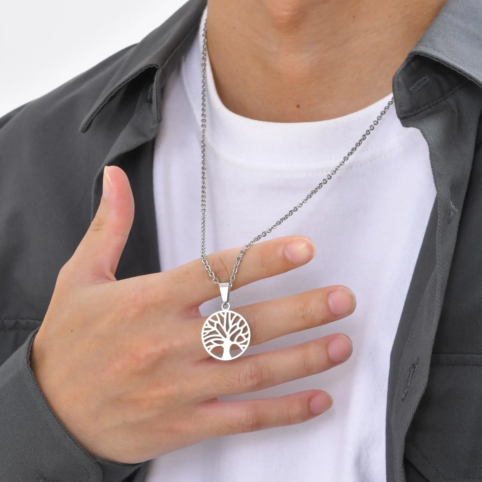 Round Life Tree Pendant Necklaces for Men Boys,Waterproof Stainless Steel Cutout Design Pendant,Birthday Father Party Gifts