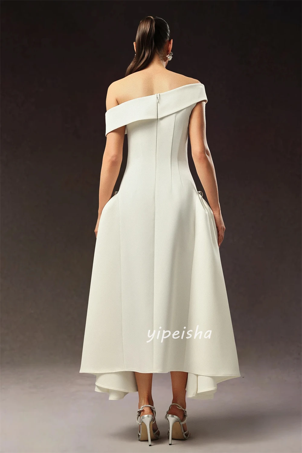 Customized Modern Style Matching Jersey Pleat Rhinestone A-line Off-the-shoulder Tea Length Dresses Bespoke Occasion Dresses