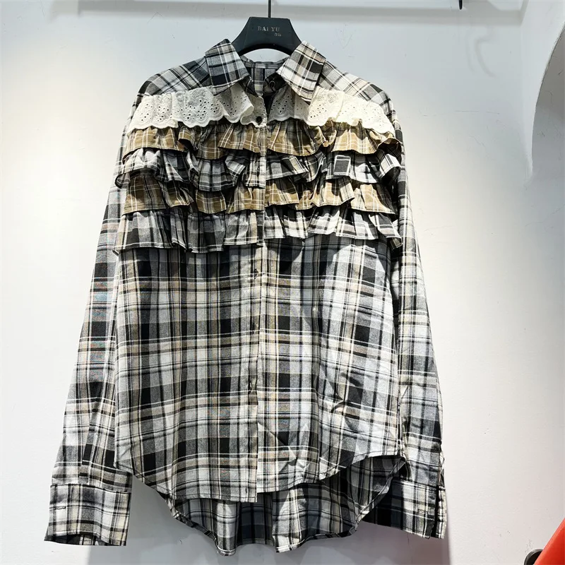 

SuperAen 2026 Spring and Summer New Korean Style Loose Sweet Soft Tree Fungus Lace Plaid Long-Sleeved Shirts