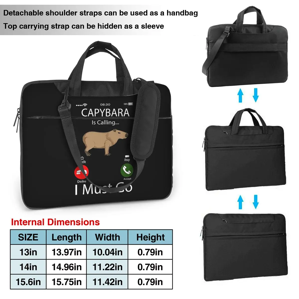 I Must Go Funny Capybara Phone Laptop Bag Protective Case Computer Bag 13 14 15.6 Inch Crossbody Notebook Pouch