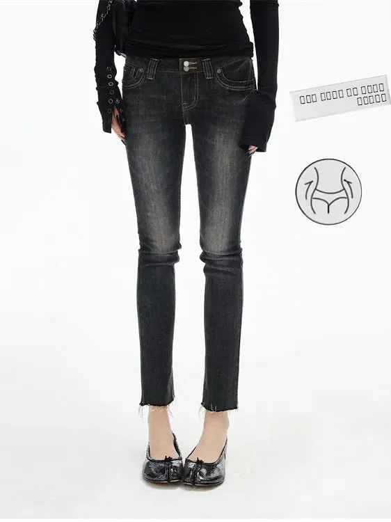 

Slim Fit High Waist Bla Elastic Denim Retro Waed Street Sle Double Bule Women's Nine Point Straight Tube Jeans