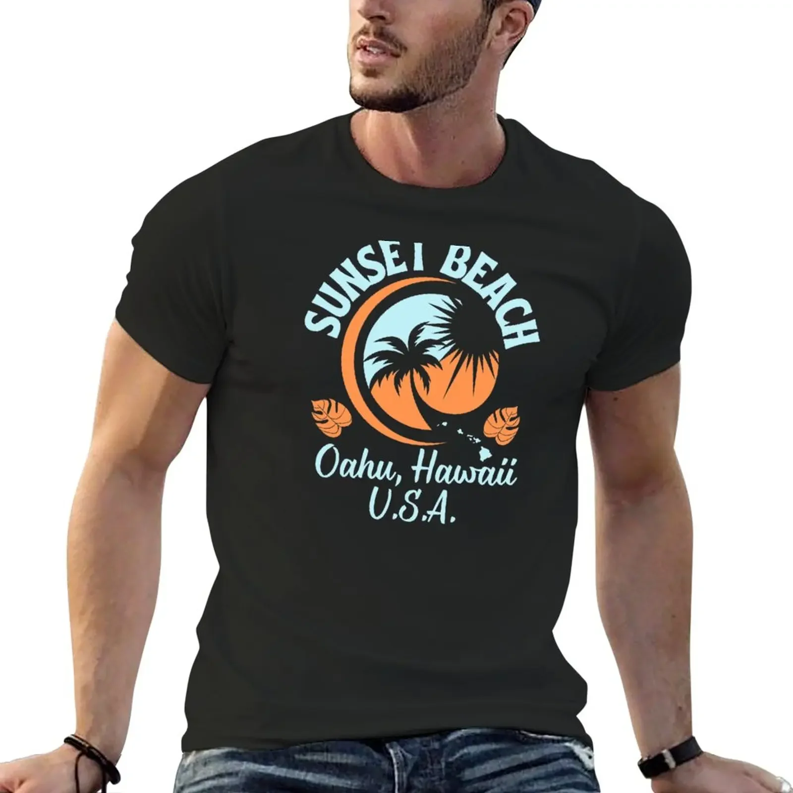 New Retro Sunse Beach Oahu Hawaii U.S.A. (Blue Tex) T-Shir boys  shirs plain -shir Anime -shir mens funny  shirs