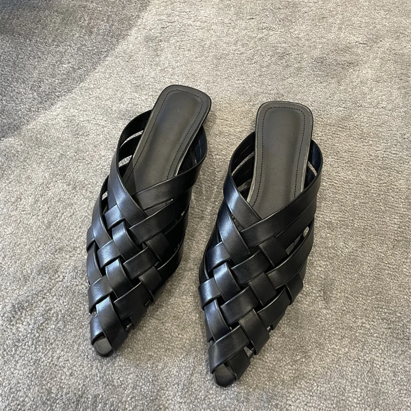 Weaving Braid Leather Mules Slippers Women Pointed Toe Huaraches Lady Kitten Low Heels Slip On Shallow Sandały Damskie Leisure