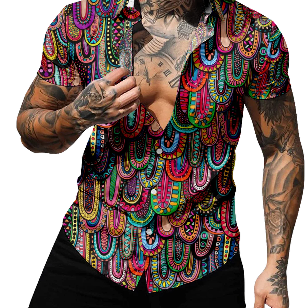 

New Arrivals High Street Graffiti Shirt Chic Men Fashion Button Down Short Sleeve Summer Tops Beach Shirt