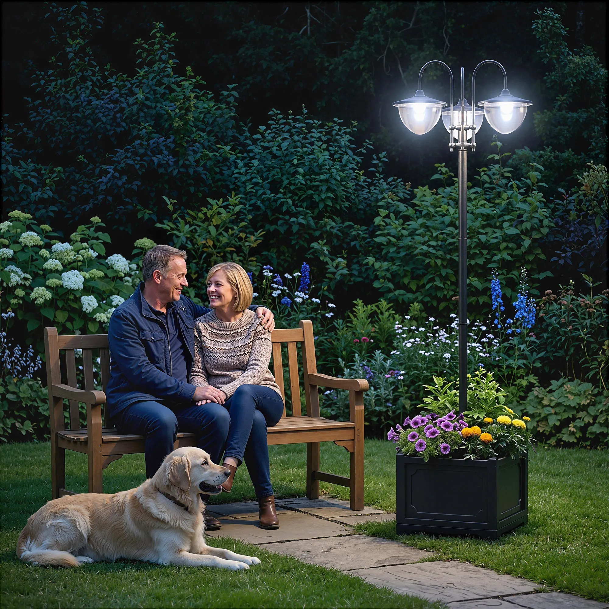 3-head LED Solar Light Lamp Street Light Post with Planter Base, Black