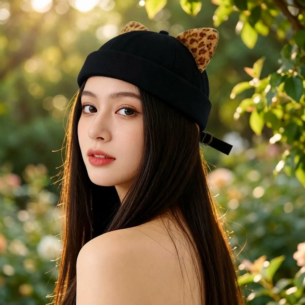 New High Quality Hip Hop Leopard Print Cat Ears Brimless Hat Rolled Cuff Solid Color Cat-eared Hat Adjustable Docker Cap Outdoor