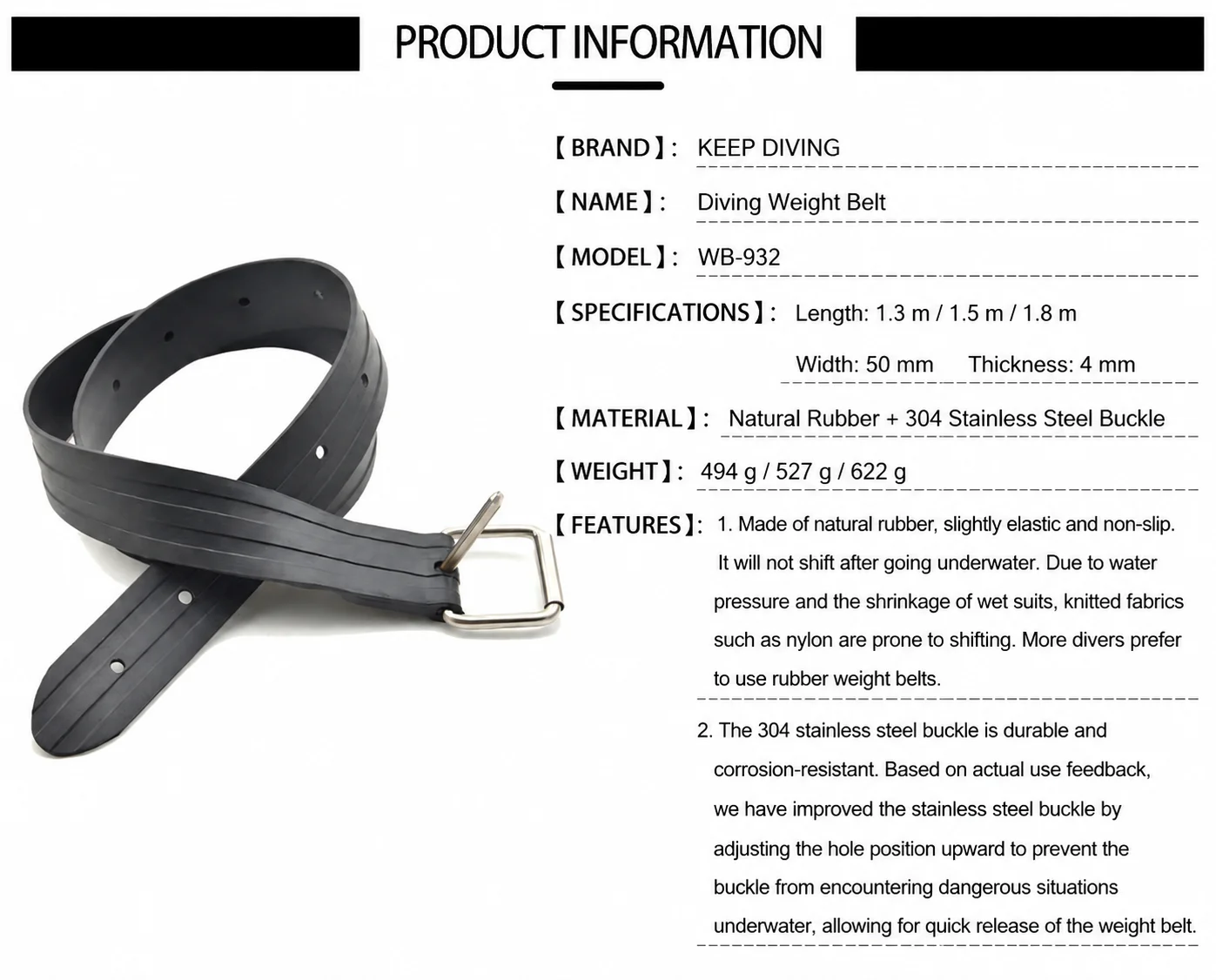 1,3 M/1,5 M/1,8 M Freitauchen Tauchen Gummi Gewicht Gürtel Mit Edelstahl RQuick Release Schnalle BCD Zubehör Tauchen Ausrüstung – Detail 1