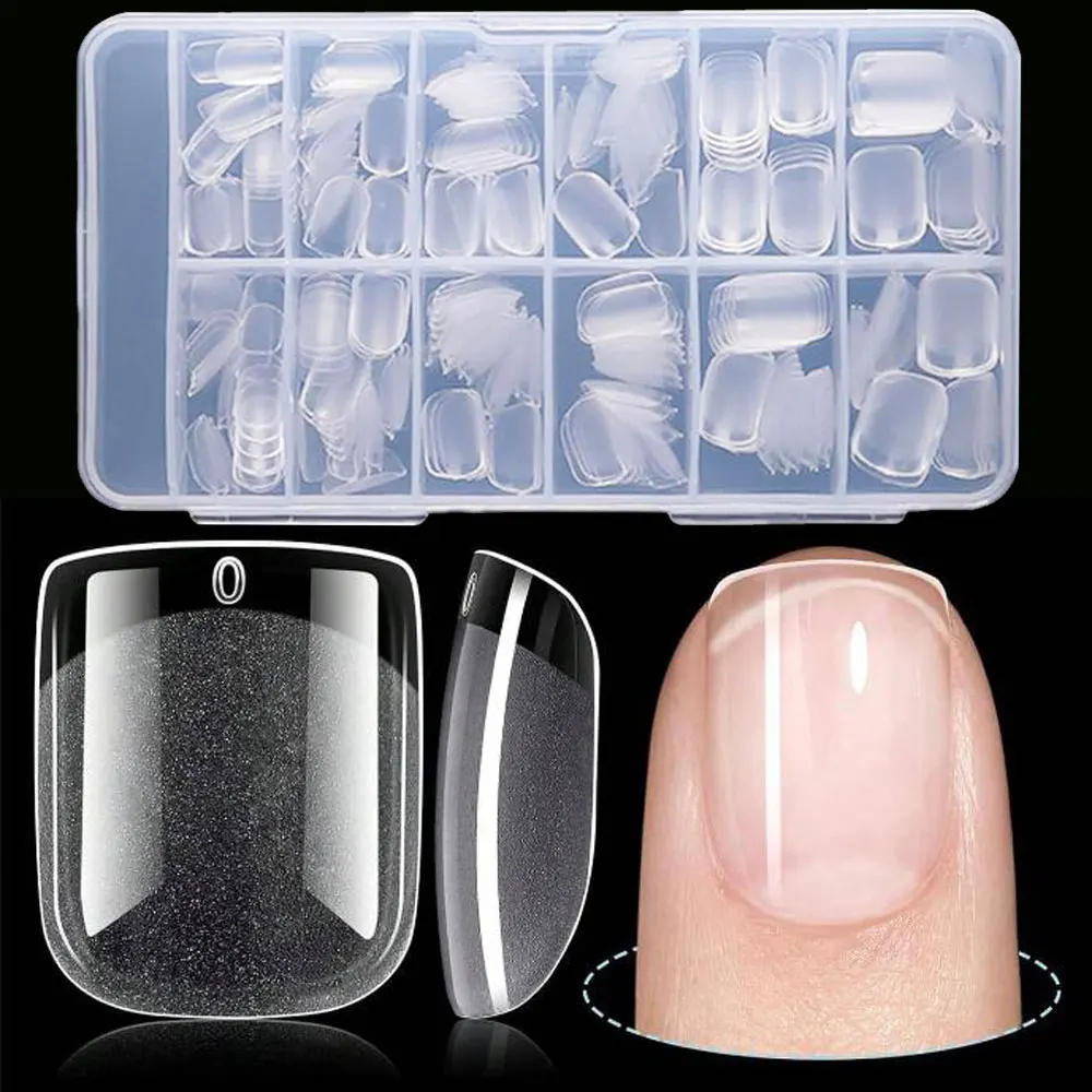 120PC Extra Short Square Nail Tips Soft Gel Full Cover Half Matte False Nails Clear Pre-Shaped Press On Nails Extension Tips 12S