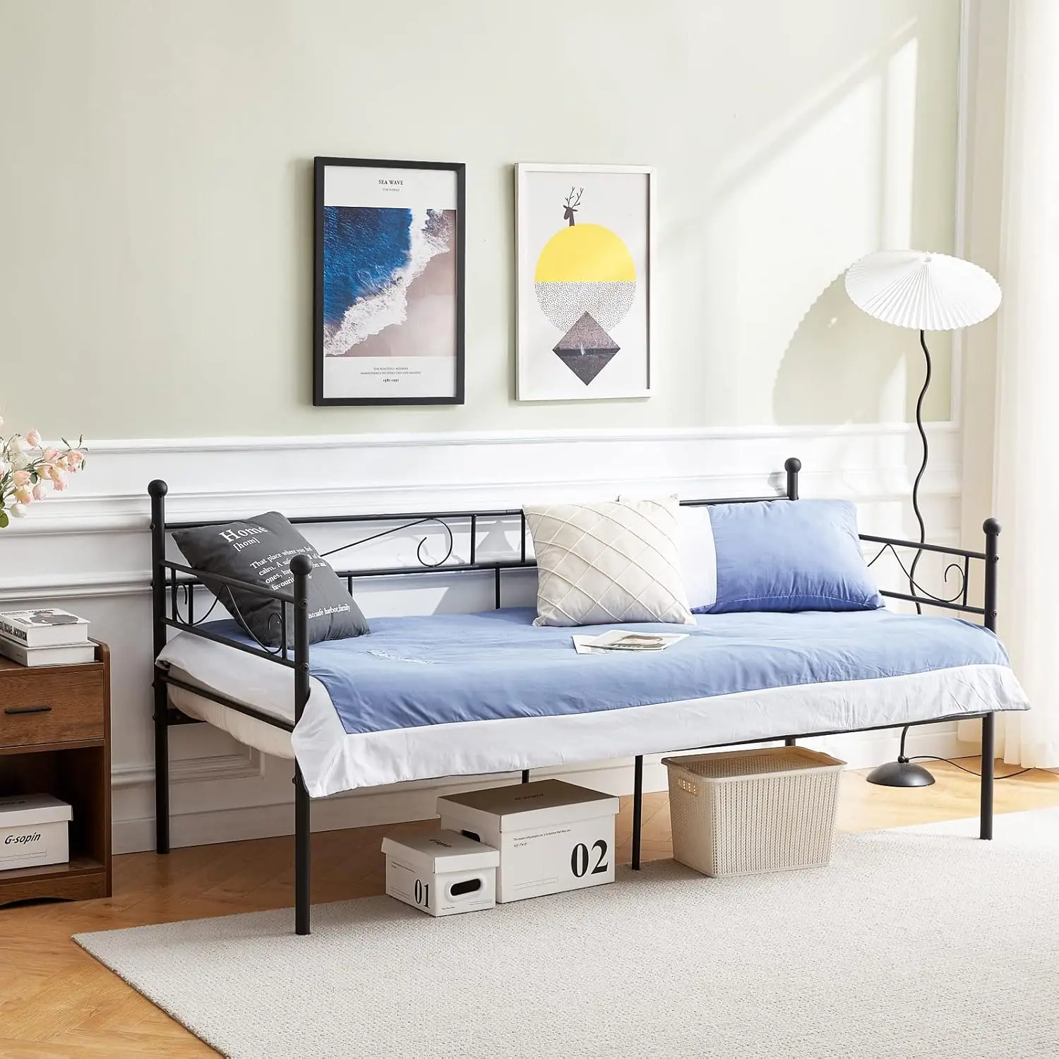 Metall-Schlafsofa-Rahmen, Eisen, geschmiedetes Einzelbett, keine Notwendigkeit für Matratzenunterstützung für 90 x 200 cm große Matratze, Schwarz